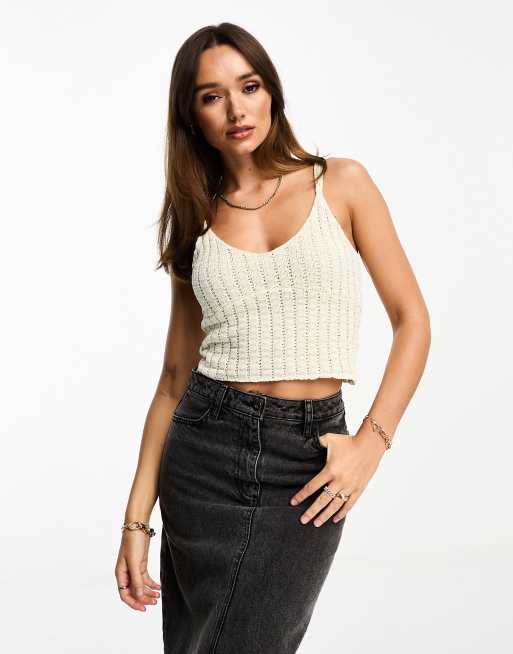 NA-KD – Ljusbeige, finstickad, ribbad topp