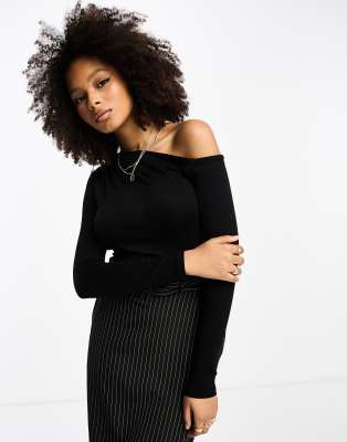 NA-KD long sleeve asymmetric neck top in black