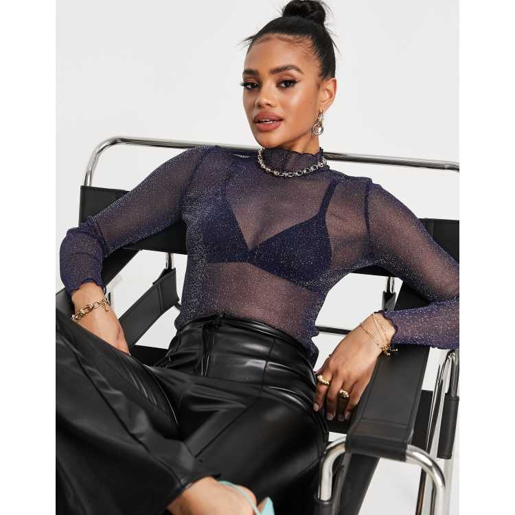 Black mesh glitter long sleeve top