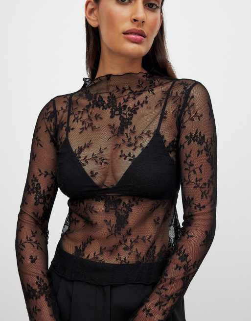 NA-KD Long sleeve lace top in black, 2 of 5