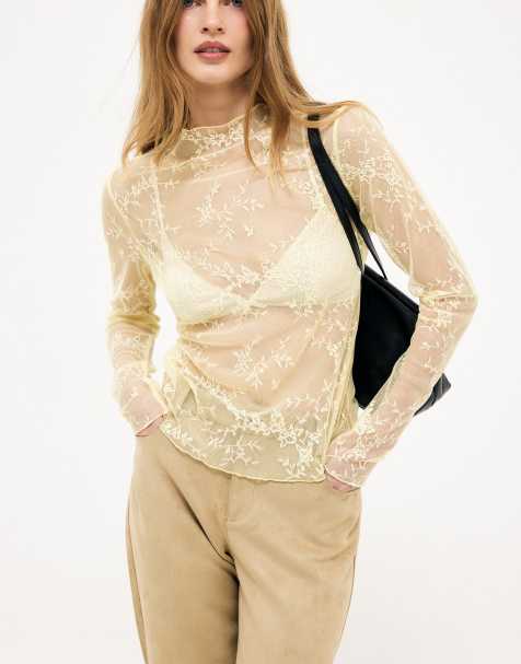 NA-KD Long sleeve lace top in light yellow - view 1
