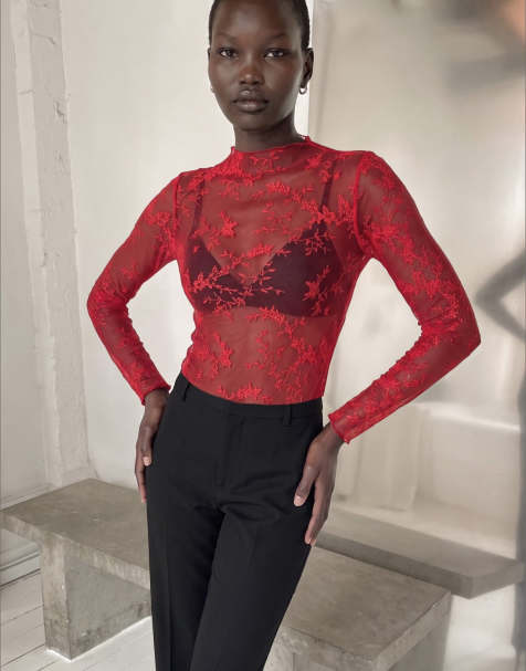 NA-KD Long sleeve lace top in red - view 1