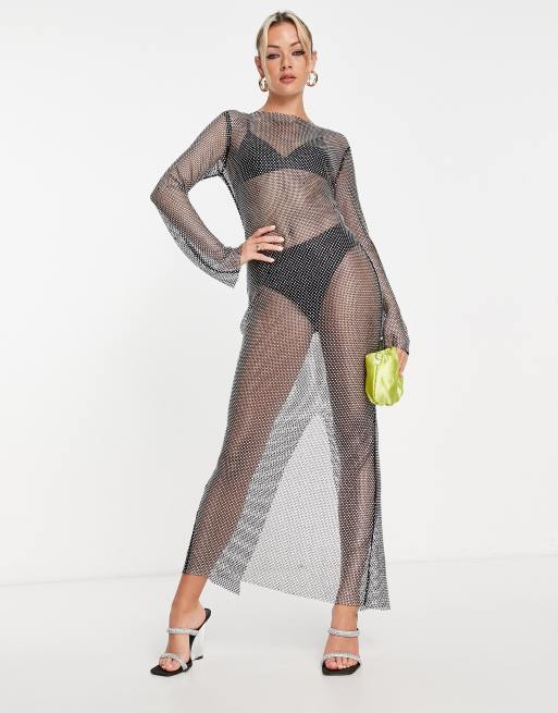 Weekday Net rhinestone mesh long sleeve maxi dress in silver