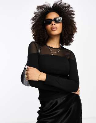 NA-KD long sleeve mesh detail top in black