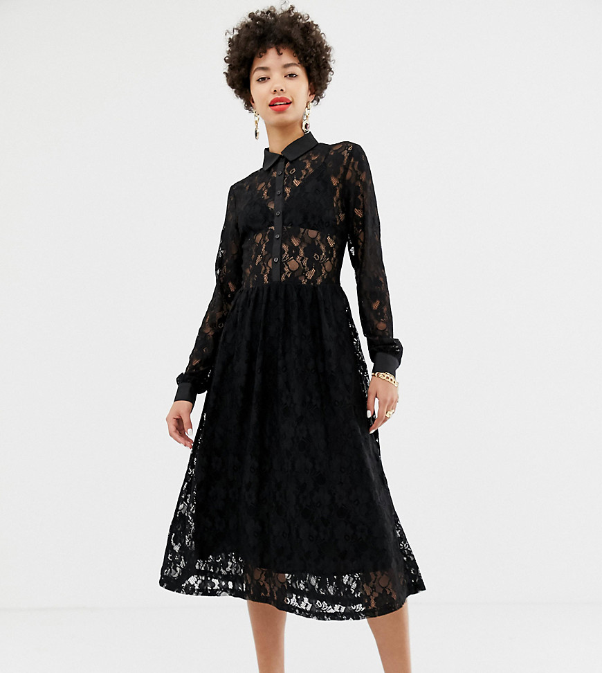 Na-kd long sleeve midi dress with lace detail in black