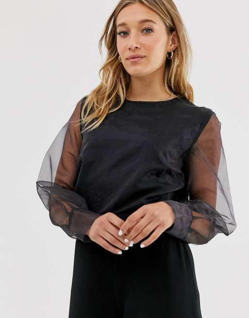 NA-KD long sleeve organza blouse in black | ASOS