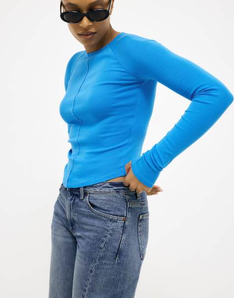 NA-KD Long sleeve rounded hem jersey top in blue - view 1