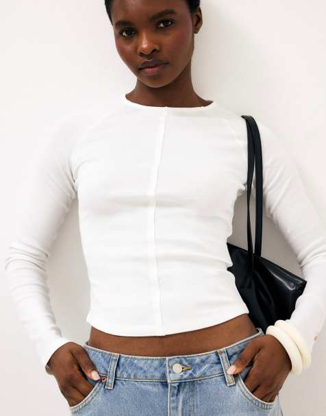 NA-KD Long sleeve rounded hem jersey top in white - view 1