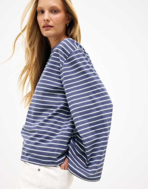 NA-KD Long sleeve tee in indigo/ecru stripe - view 1