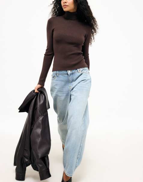 NA-KD Long sleeve turtleneck ribbed knitted top in brown