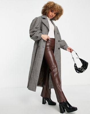 NA-KD longline coat with balloon sleeves in check