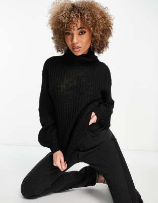 NA-KD longline high neck knit jumper in black