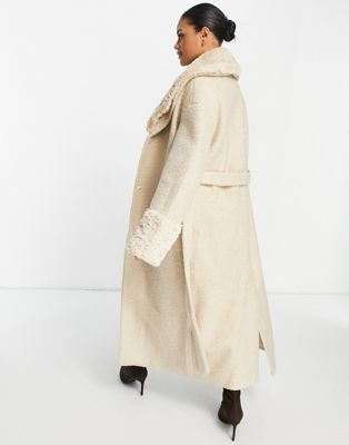 Manteaux et vestes NA-KD - Manteau ceinturé avec col et poignets en fausse fourrure - Beige