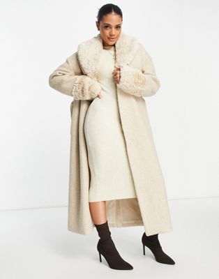 Manteaux et vestes NA-KD - Manteau ceinturé avec col et poignets en fausse fourrure - Beige