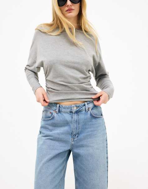 NA-KD Marked waist long sleeve jersey top in grey melange - view 1