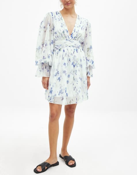 NA-KD Marked waist mini dress in blue print - view 1