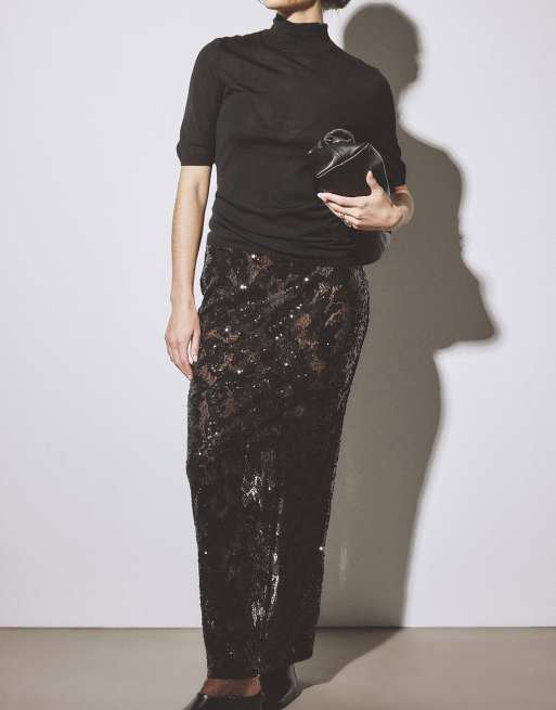 NA-KD Maxi lace sequin skirt in black, 2 of 5