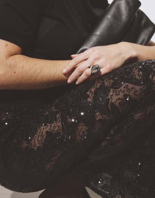 NA-KD Maxi lace sequin skirt in black, 4 of 5
