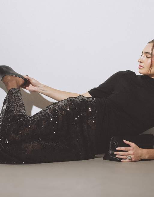 NA-KD Maxi lace sequin skirt in black, 5 of 5