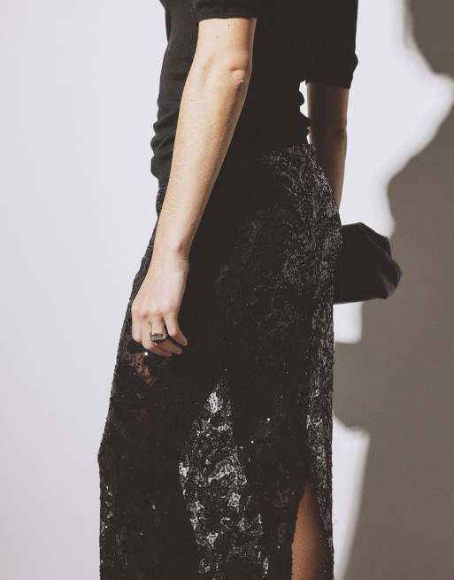 NA-KD Maxi-Rock aus Spitze mit Pailletten in Schwarz, 3 von 5
