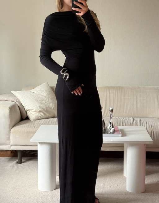 NA-KD Maxikleid aus Jersey mit Drapierung in Schwarz, 4 von 5