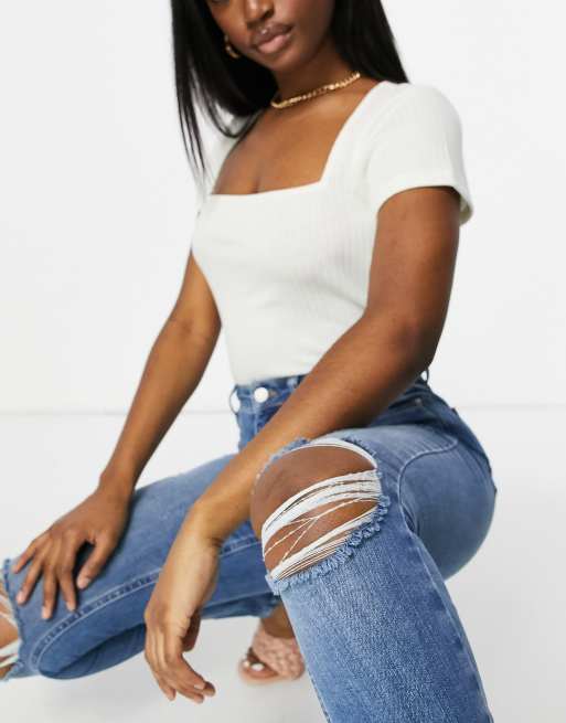 NA-KD – Mellanblå skinny jeans i bomull med hög midja och revor - MBLUE, 3 av 4