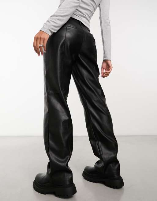 Pull&Bear straight leg faux leather pants with seam detail in black