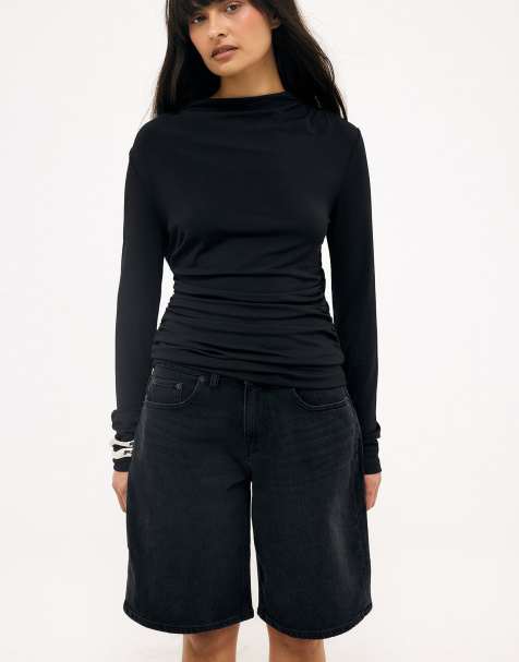 NA-KD Mid waist loose denim shorts in washed black - view 1