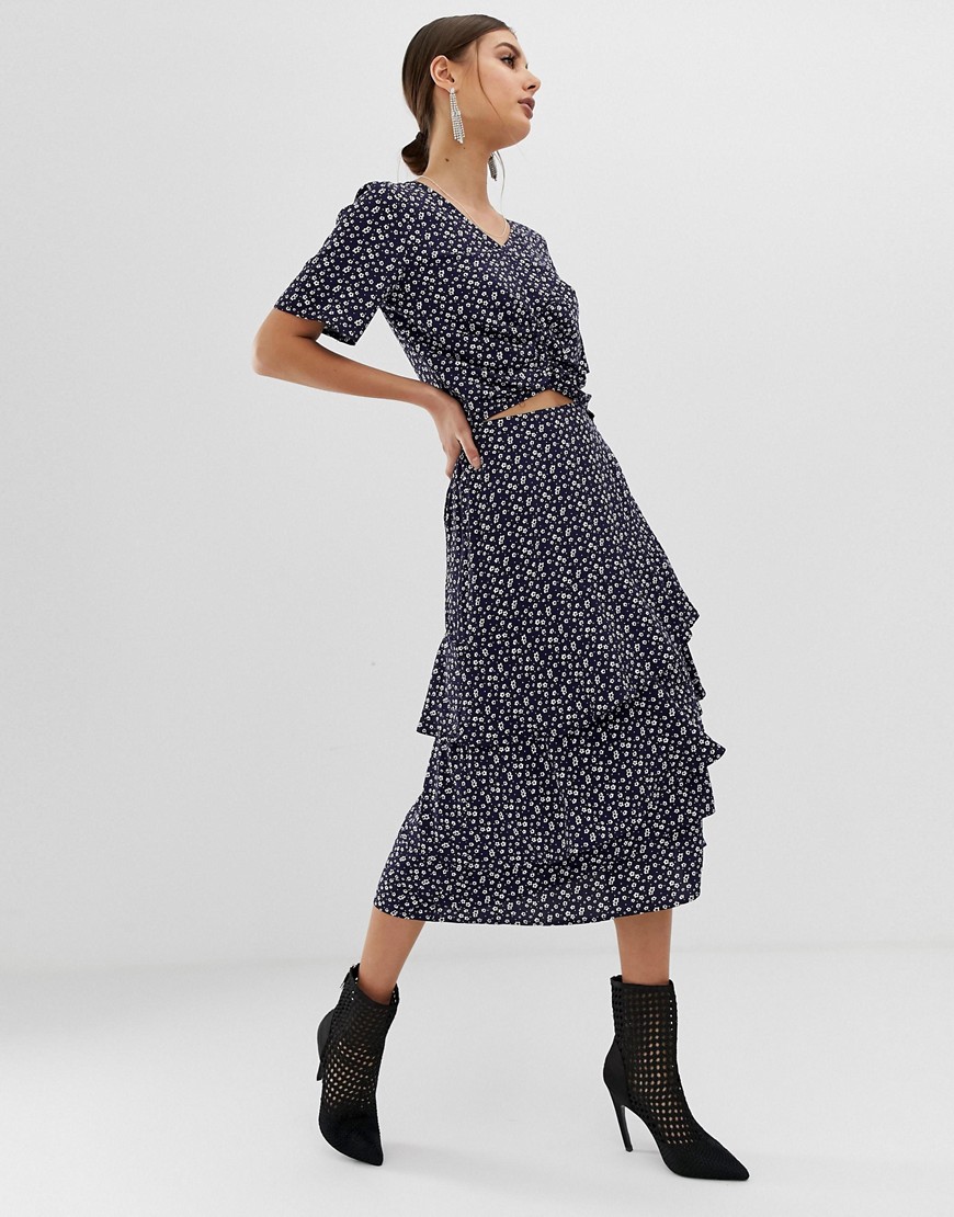 Na-kd - Midi-jurk met volant en bloemenprint, combi-set-Marineblauw