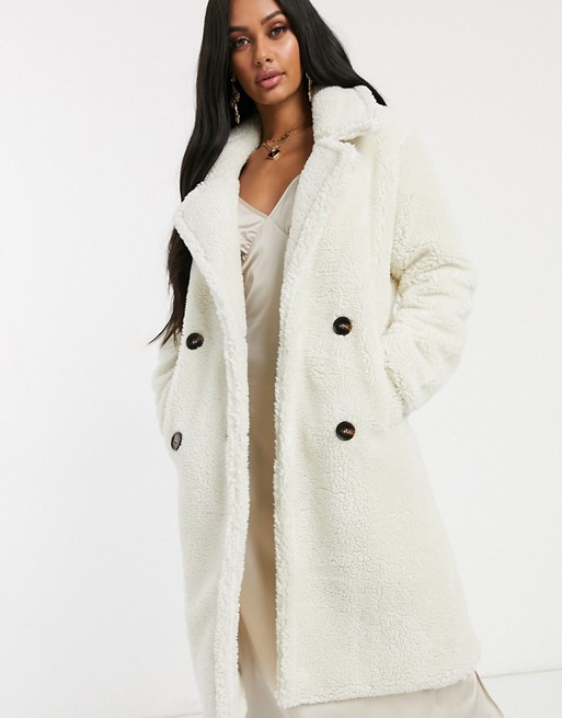 NA-KD midi teddy coat in off white