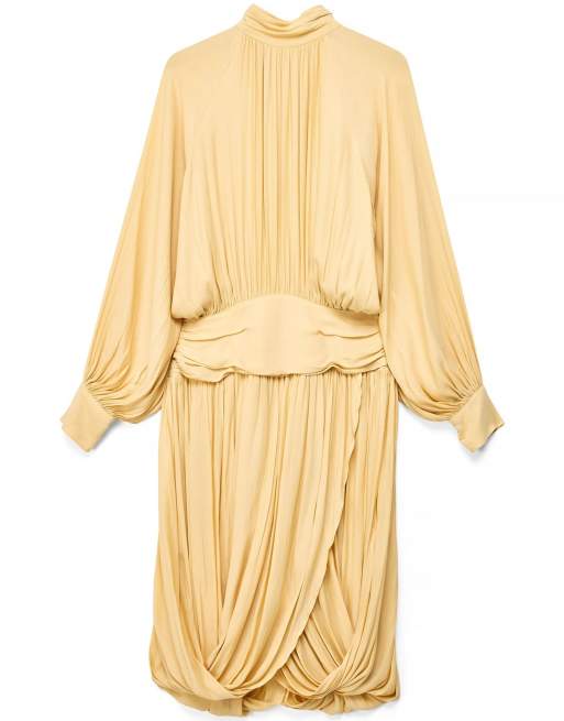 NA-KD Midikleid mit Drapierung, langen Ärmeln und Rückenausschnitt in Hellgelb, 5 von 5