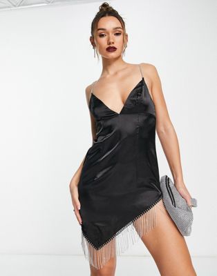 Na-kd Mini Dress With Diamante Fringe In Black