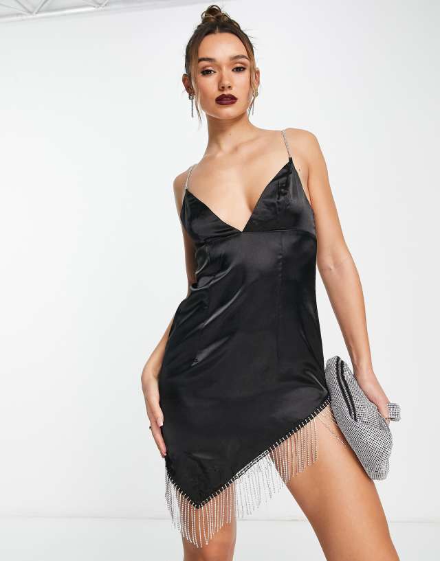 NA-KD mini dress with diamante fringe in black