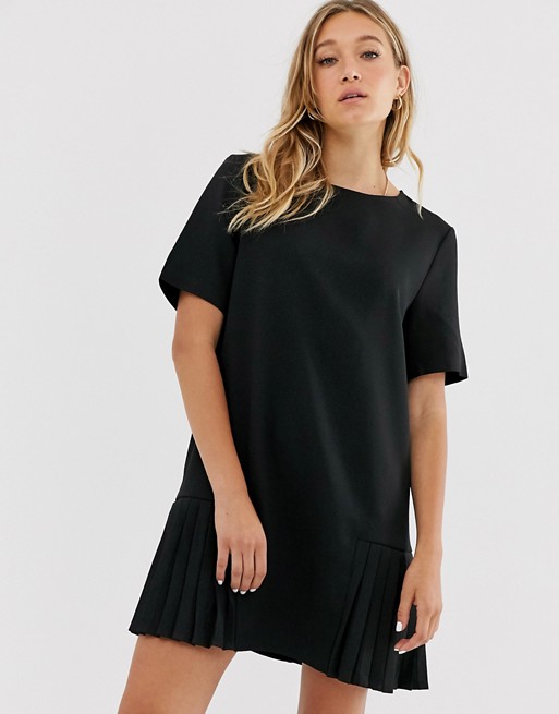 NA-KD mini pleated panel shift dress with short sleeves in black