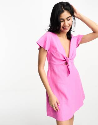 NA-KD - Minikleid aus rosa Leinen mit geschnürter Vorderseite