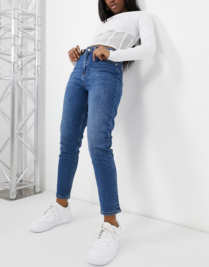 Shop Na-kd Mom Jeans In Mid Blue