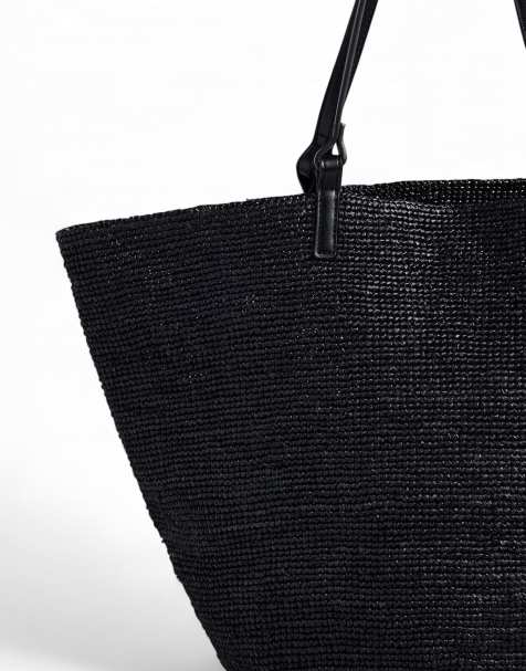 NA-KD Natural raffia tote in black - view 1