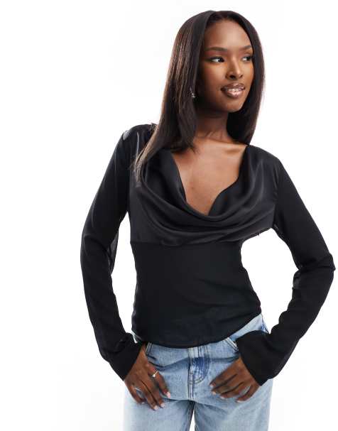 NA-KD – Oberteil aus Chiffon mit Satin-Büste in Schwarz - view 1