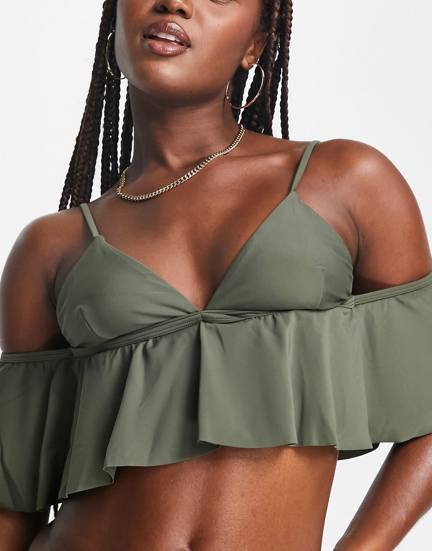 Na-kd Off Shoulder Bikini Top In Deep Khaki-green