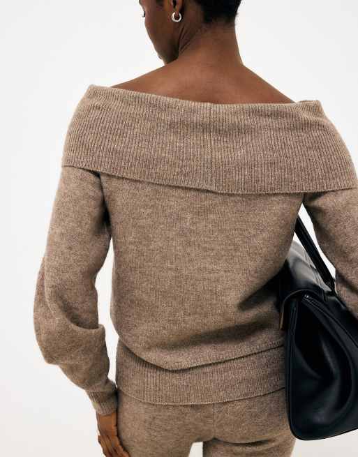 NA-KD Off shoulder folded knitted sweater in nougat mel, 2 of 3