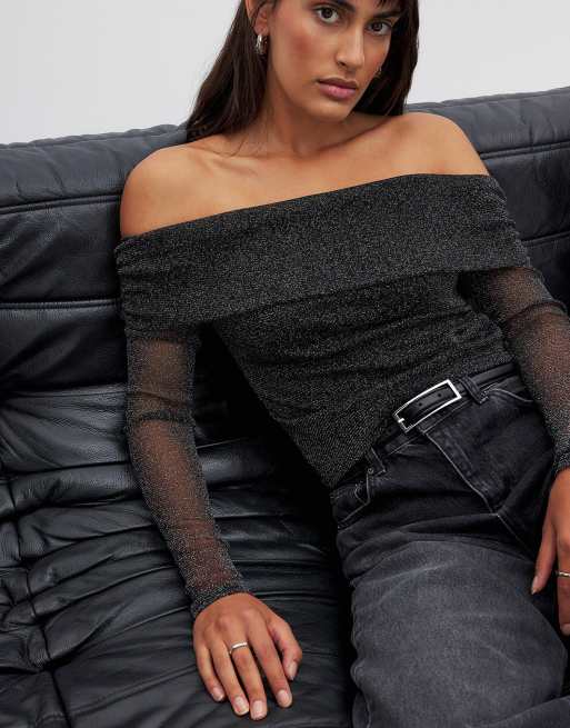 NA-KD Off shoulder glitter mesh top in black, 5 of 5