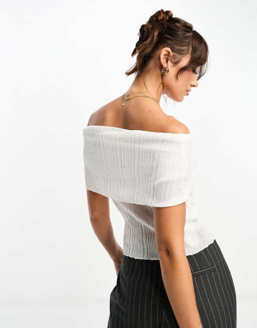 NA-KD off shoulder knitted top in off white