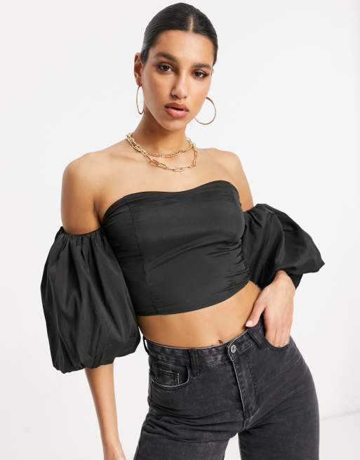 NA-KD off shoulder puff sleeve blouse in black | ASOS