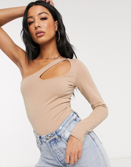 NA-KD one shoulder cut out body in beige