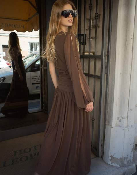 NA-KD One sleeve draped maxi dress in brown - view 1