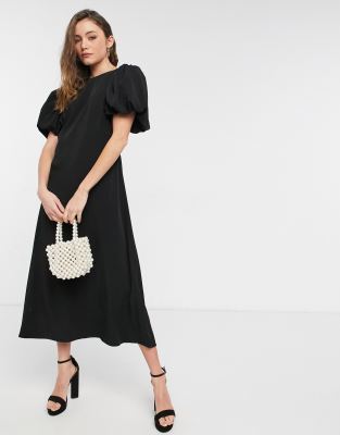 puff sleeve black midi dress