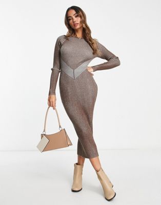 NA-KD open back ribbed knitted midi dress in brown