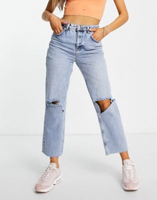 NA-KD open knee straight high waist cropped jeans in light blue