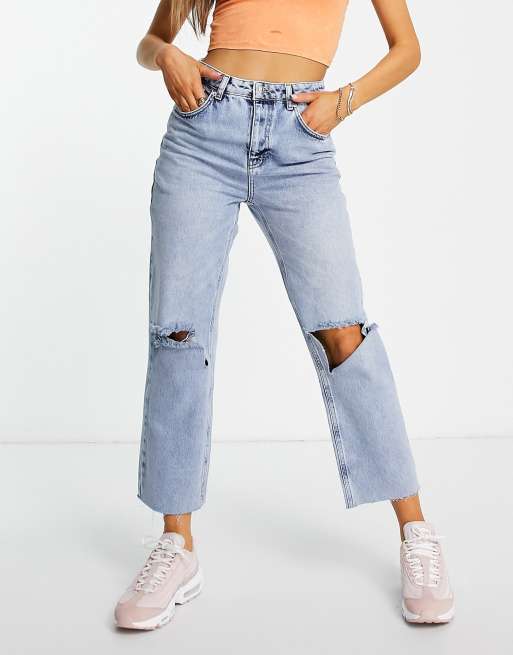 NA-KD high waist skinny ripped jeans in mid blue