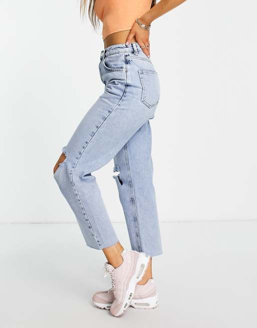 NA-KD open knee straight high waist cropped jeans in light blue